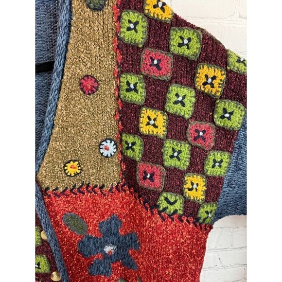 SUSAN BRISTOL multicolor patchwork embroidered knit cardigan sweater L NWT - Picture 4 of 11